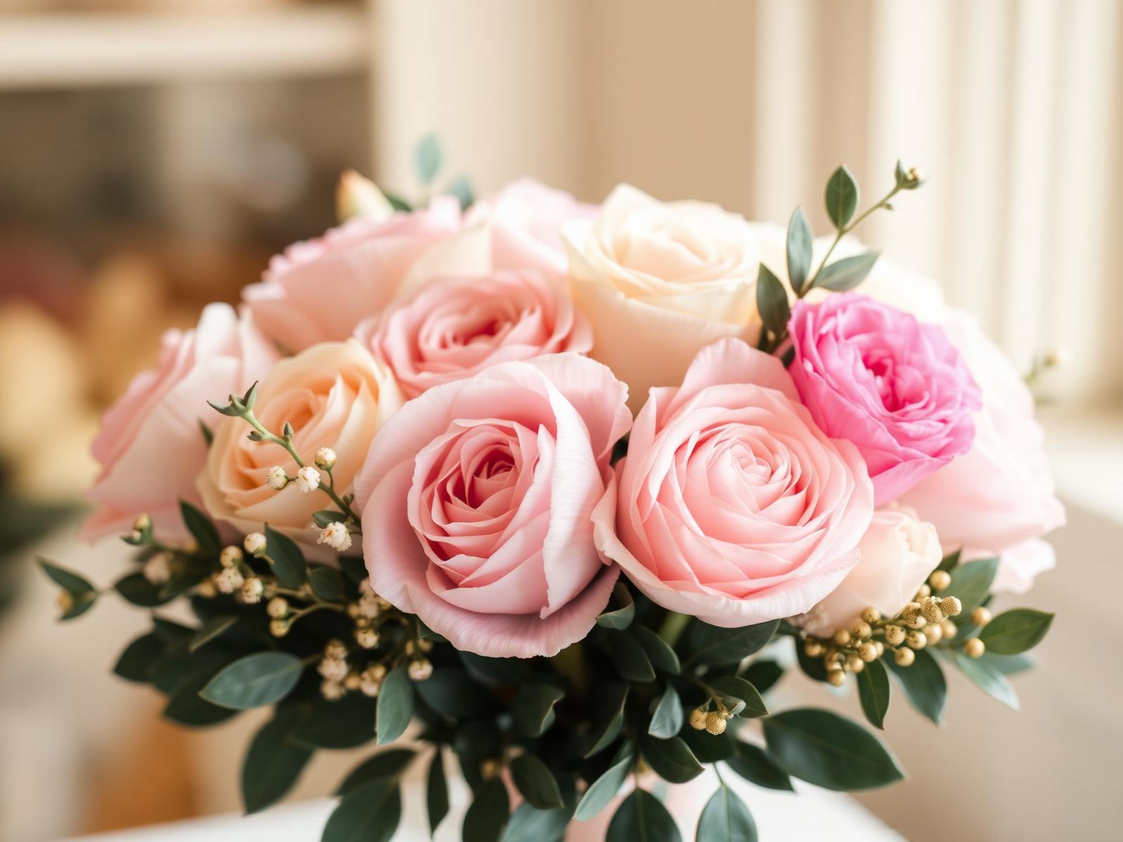 Arreglo floral de rosas rosa palo y crema